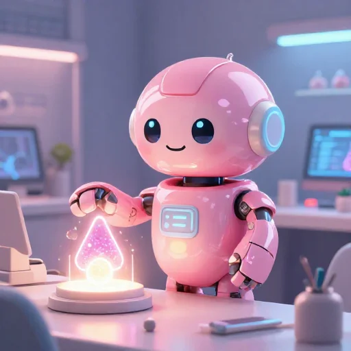 A cheerful pink maintenance robot tending a glowing AI art studio, soft cinematic light, polished illustration, production marker cutedslcanary17873847985c0ee9