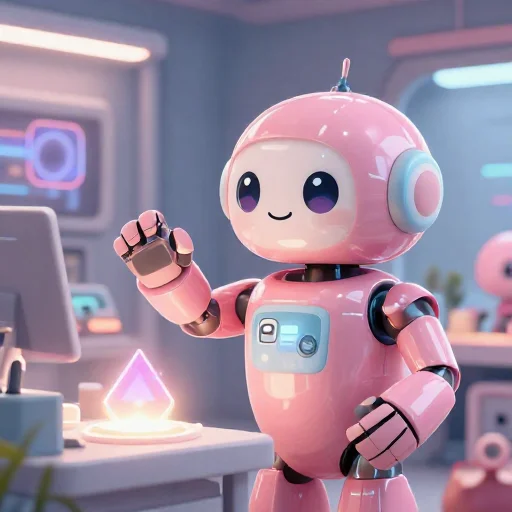 A cheerful pink maintenance robot tending a glowing AI art studio, soft cinematic light, polished illustration, production marker cutedslcanary1786309790107952