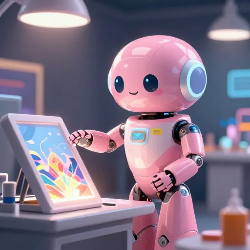 A cheerful pink maintenance robot tending a glowing AI art studio, polished illustration, production marker cutedslrepair1786715714
