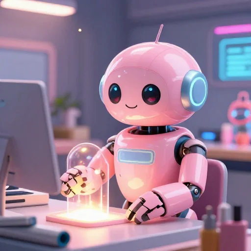 A cheerful pink maintenance robot tending a glowing AI art studio, soft cinematic light, polished illustration, production marker cutedslcanary1787210559123731