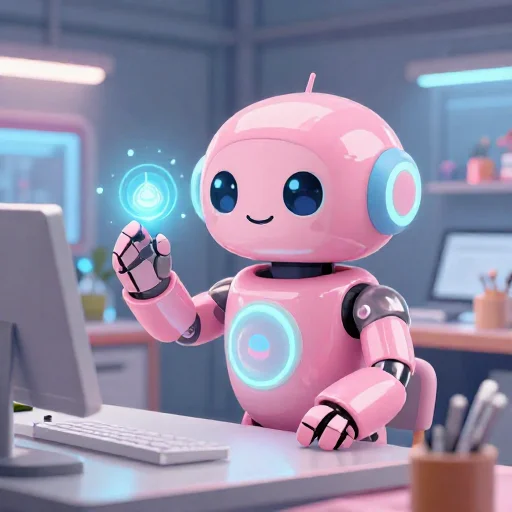 A cheerful pink maintenance robot tending a glowing AI art studio, soft cinematic light, polished illustration, production marker cutedslcanary1786993019d05547