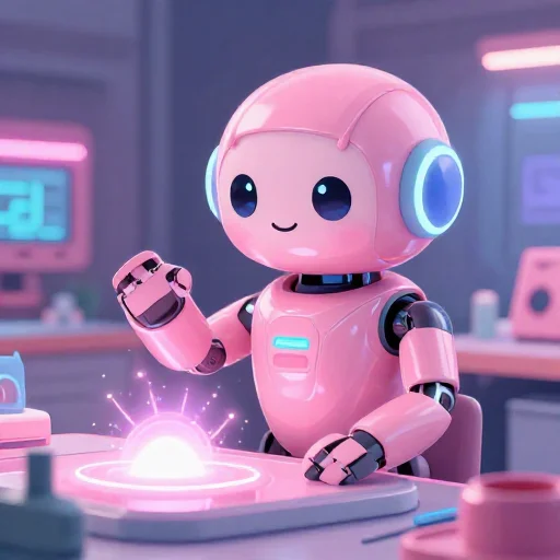 A cheerful pink maintenance robot tending a glowing AI art studio, soft cinematic light, polished illustration, production marker cutedslcanary1786952662059175
