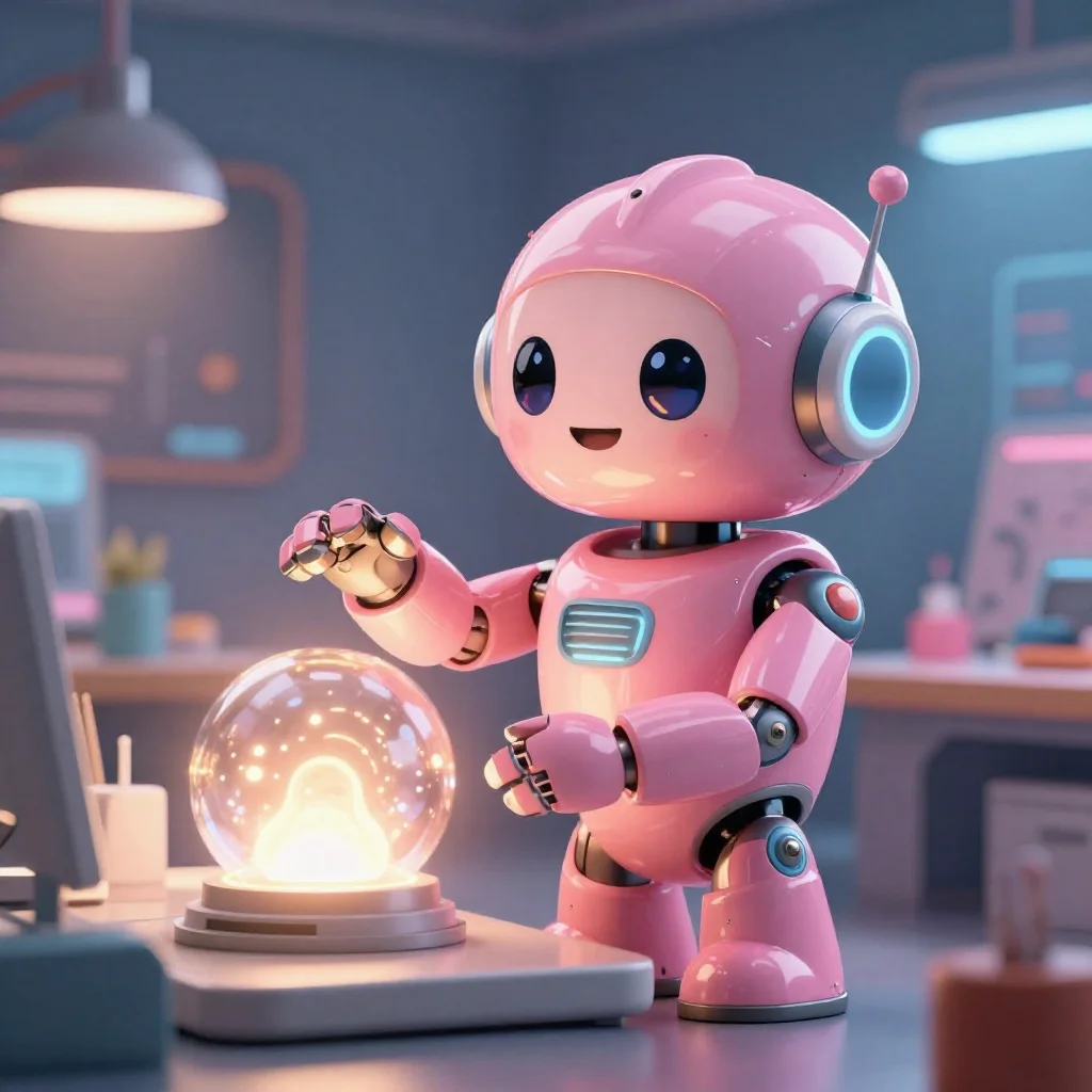 Production durability canary cutedslrepair1786582803016638: a cheerful pink maintenance robot tending a glowing AI art studio, cinematic light, polished detailed