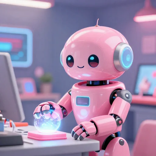 A cheerful pink maintenance robot tending a glowing AI art studio, soft cinematic light, polished illustration, production marker cutedslcanary1786673084423bf1
