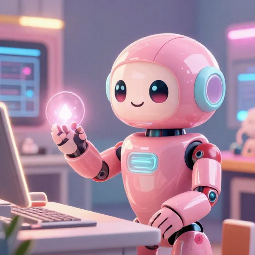 A cheerful pink maintenance robot tending a glowing AI art studio, soft cinematic light, polished illustration, production marker cutedslcanary1787478827aec052