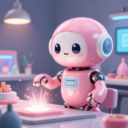 A cheerful pink maintenance robot tending a glowing AI art studio, soft cinematic light, polished illustration, production marker cutedslcanary17873916729332f2