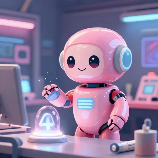A cheerful pink maintenance robot tending a glowing AI art studio, soft cinematic light, polished illustration, production marker cutedslcanary178725410614ae6a
