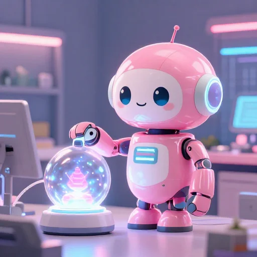 A cheerful pink maintenance robot tending a glowing AI art studio, soft cinematic light, polished illustration, production marker cutedslcanary1787341214f570e8