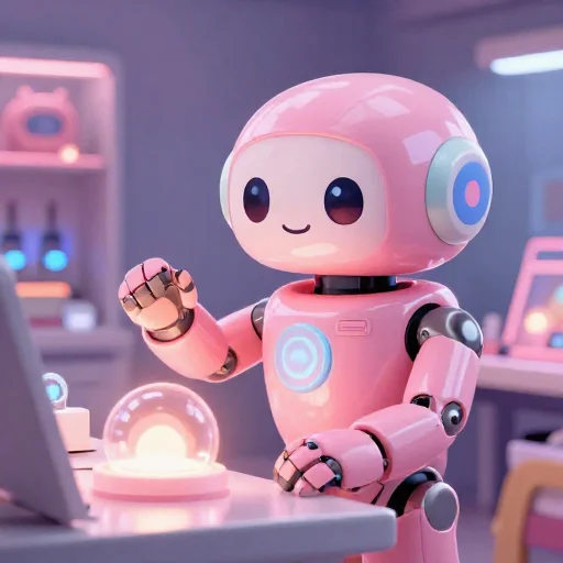 A cheerful pink maintenance robot tending a glowing AI art studio, soft cinematic light, polished illustration, production marker cutedslcanary1787058214d4687c