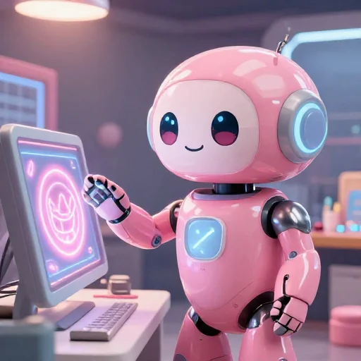 A cheerful pink maintenance robot tending a glowing AI art studio, soft cinematic light, polished illustration, production marker cutedslcanary17872975317a8ab3