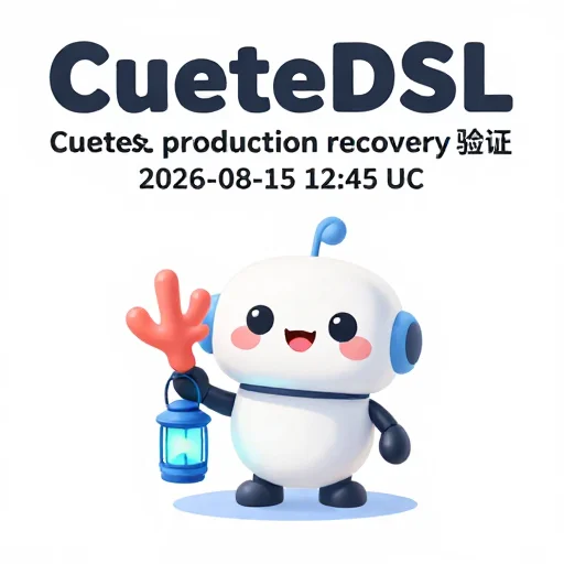 CuteDSL production recovery verification 2026-08-15 12:45 UTC, a small coral robot holding a blue lantern, clean studio illustration, no text