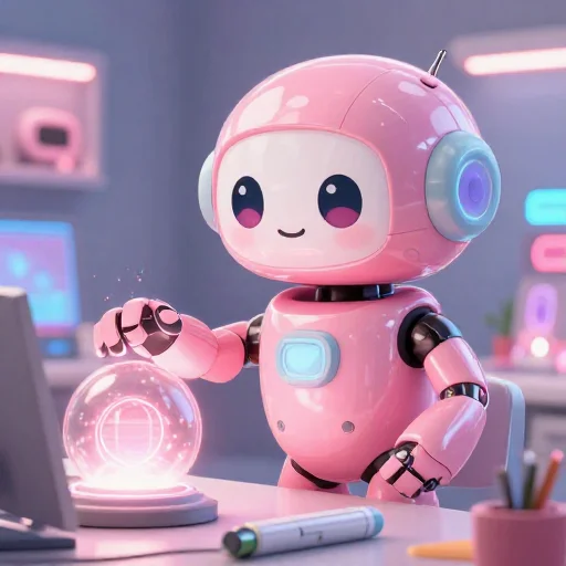 A cheerful pink maintenance robot tending a glowing AI art studio, soft cinematic light, polished illustration, production marker cutedslcanary17873628589acd37