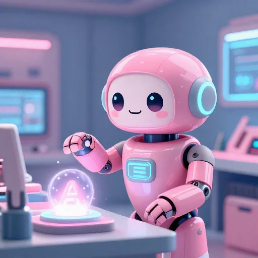 A cheerful pink maintenance robot tending a glowing AI art studio, soft cinematic light, polished illustration, production marker cutedslcanary1789990498ee3626