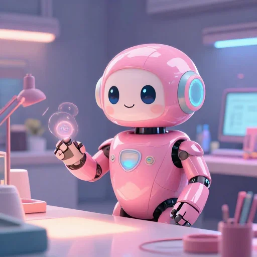 A cheerful pink maintenance robot tending a glowing AI art studio, soft cinematic light, polished illustration, production marker cutedslcanary179018152233abc0