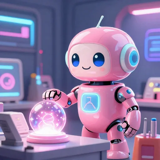 A cheerful pink maintenance robot tending a glowing AI art studio, soft cinematic light, polished illustration, production marker cutedslcanary178741339089679c