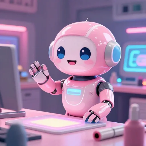 A cheerful pink maintenance robot tending a glowing AI art studio, soft cinematic light, polished illustration, production marker cutedslcanary17901597847d1099