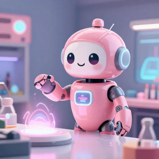 A cheerful pink maintenance robot tending a glowing AI art studio, soft cinematic light, polished illustration, production marker cutedslcanary17866934288beca2