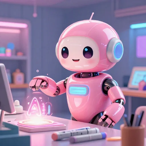 A cheerful pink maintenance robot tending a glowing AI art studio, soft cinematic light, polished illustration, production marker cutedslcanary1787941429fcfccc