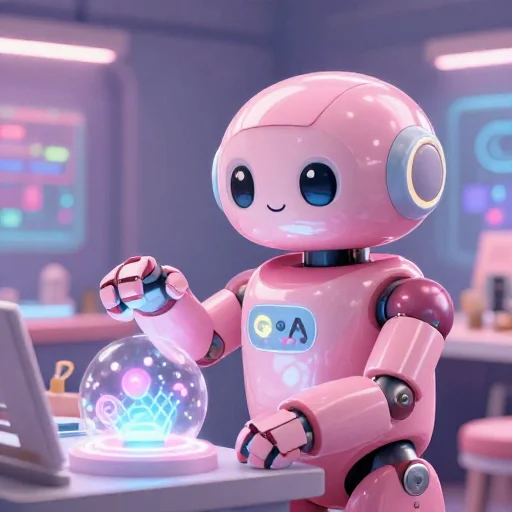 A cheerful pink maintenance robot tending a glowing AI art studio, soft cinematic light, polished illustration, production marker cutedslcanary178654282020e8ea