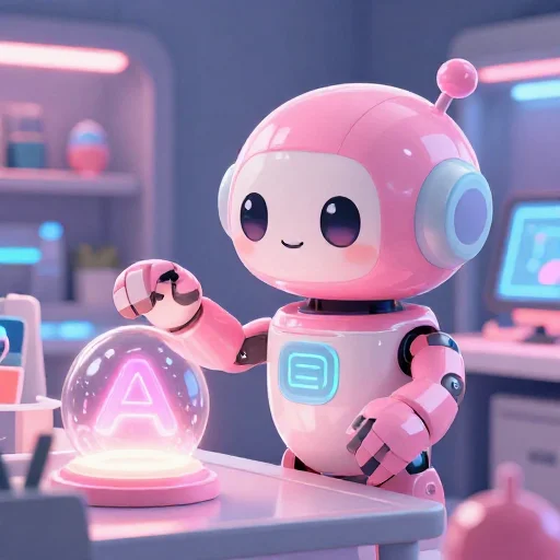 A cheerful pink maintenance robot tending a glowing AI art studio, soft cinematic light, polished illustration, production marker cutedslcanary1786477626e7d1d4
