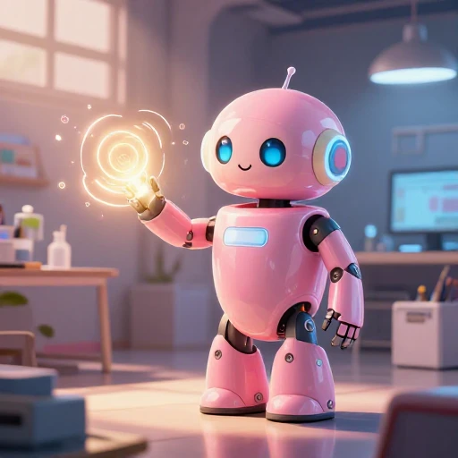 A cheerful pink maintenance robot tending a glowing AI art studio, soft cinematic light, polished illustration, production marker cutedslcanary17859555825eb522