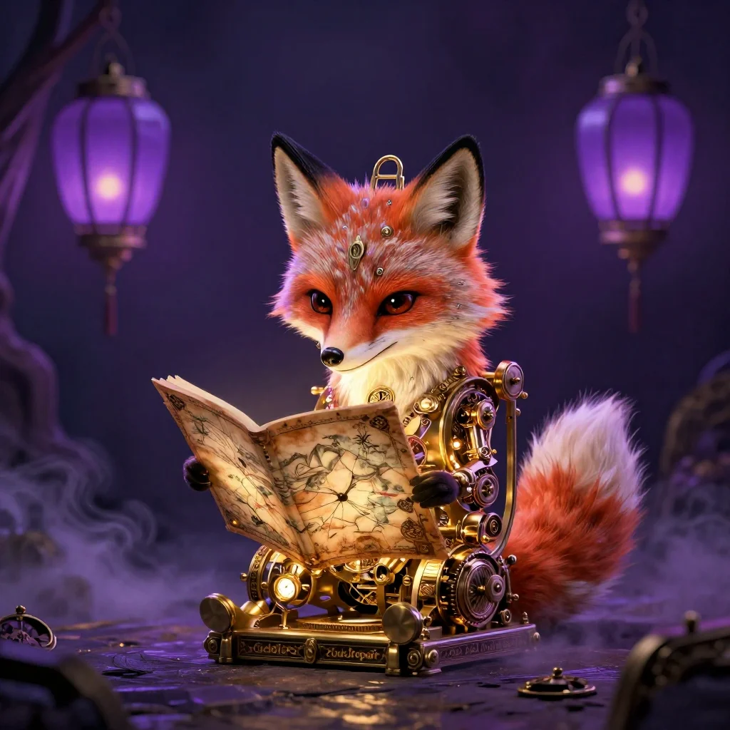 A luminous clockwork fox reading ancient maps beneath violet lanterns, cinematic mist, intricate brass details, painterly fantasy illustration, dramatic lighting, centered composition, production marker cutedslrepair102417865813085600bf