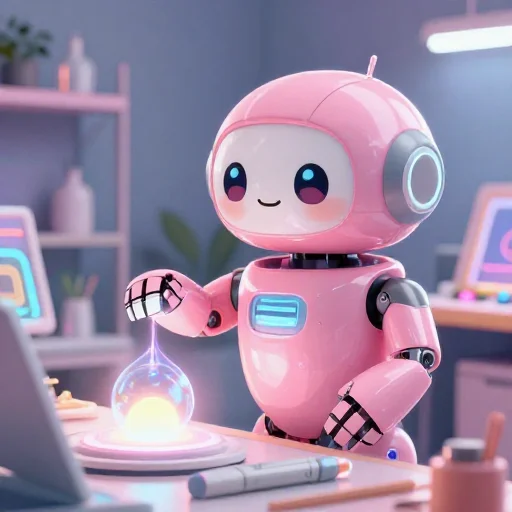 A cheerful pink maintenance robot tending a glowing AI art studio, soft cinematic light, polished illustration, production marker cutedslcanary17869710575f4b18