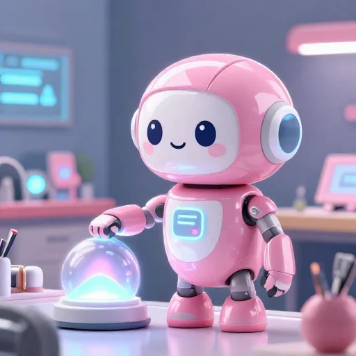 A cheerful pink maintenance robot tending a glowing AI art studio, soft cinematic light, polished illustration, production marker cutedslcanary1786521172391075