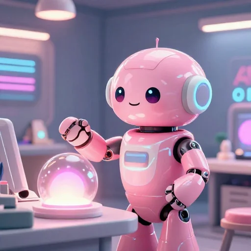 A cheerful pink maintenance robot tending a glowing AI art studio, soft cinematic light, polished illustration, production marker cutedslcanary1787232317e82c23