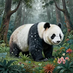 gigantic panda with a lot of glass details, a lot of exotic vegetation, trees, flowers, dull colors, in the foggy huge forest, by moebius, junji ito, tristan eaton, victo ngai, artgerm, rhads, ross draws, hyperrealism, intricate detailed, risograph, optical illusion