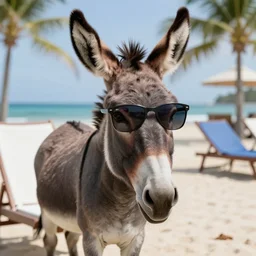 donkey wearing sunglasses on a sunbed, tropical background, camera photo