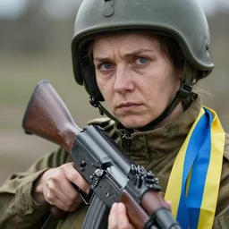 ukrainian woman - soldier with kalashnikov gun, beautiful epic photography, high quality, profound gaze, big blown eyes, yellow and blue ribbons, emotionally touching, in the style of rosie matheson
