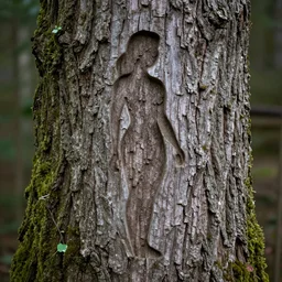 female silhouette carved in a detailed bark of an old tree with moss and leaves