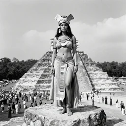 full body photo portrait of ancient attractive provocative aztec beauty on top of the stone aztec pyramid as a priest, masses of people in the distance , old photo, highly detailed, fashion photography,award winning photo, black and white, by Annie Leibovitz, Ansel Adams, Dayanita Singh