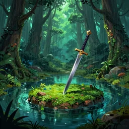 sword stuck in a pond island, rainy enchanted forest of the ancients, moody high exposure, vibrant deep saturated colors, digital painting, concept art, photoshop speedpaint, visual novel, by angrymikko