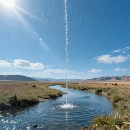 water dripping up from a river into the blue sunny sky, rain, desolate land, death, hyper detailed photorealistic, colorful, peaceful, fantastic