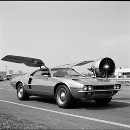 an oldie car with wings and turbine, cyber punk, black-white retro photo