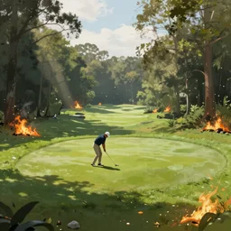 rich people playing golf on a lush golf course surrended by forests on fire, digital painting, 4k, rays of light, particles light,