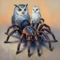 painting of hybrid between tarantula!!!!!!!!!!!!!!!!!!! & ( ( ( ( owl ) ) ) ), intercrossed animal, mixture animal, by zdzislaw beksinski, by tiffany bozic, cold hue's, warm tone gradient background, concept art, beautiful composition, digital painting