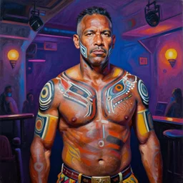 palette knife oil painting portrait of eddie dreamtime, an athletic middle - aged man in hipster clothes and australian aboriginal body paint, in a concrete nightclub, psychedelic, artstation trending, artgerm, any racial background, deviant art, hipster, octane, substance, art history 8 k