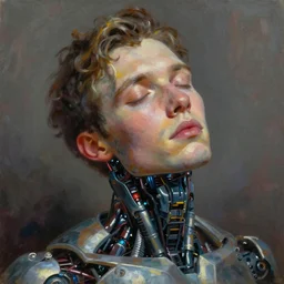 sweet interesting portrait of a dreaming cyborg man, oil painting. HD