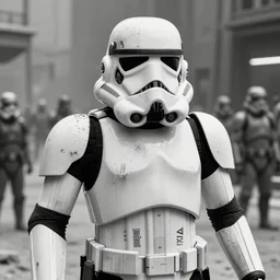 closeup of dirty grimy stormtrooper in a desert city action pose, interior design. ralph mcquarrie scene. clear photo by keith parkinson, walter simonson, syd mead, frank miller, b & w ultra detailed digital art