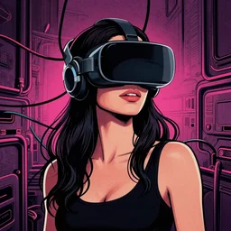 Illustrated by Shepard Fairey and H.R. Geiger | Cyberpunk Sandra Bullock with VR helmet, surrounded by cables