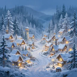 Beautiful detailed high quality illustration of an enchanted magical village, beautiful forest on background::early morning mood, glowing snow::art by Ghibli Studio, trending on artstation