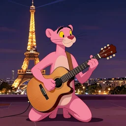 django reinhardt playing guitar, background paris at night in the style of the pink panther show, cartoon shading, vivid colors