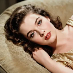 close up photo of a young beautiful actress laying on a couch taken in 1 9 5 7, high quality, studio lighting, elegant, intricate detailed