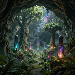 photo an deep underground cave on another world embellished with a lush overgrown jungle of beautiful ancient alien trees, alien elvish cave village, scattered complex ancient monoliths emitting cosmic astral energy, nebula fog and cosmic mist, rule of thrids composition, 4 k rtx hdr volume light concept studio matte painting environment octane, ue 5, photorealistic render trending on artstation by eytan zana
