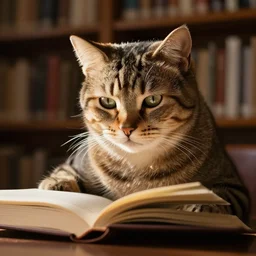 portrait photography of an intellectual cat studying in a library, concentrated reading a book, low lights, morning hour, golden hour, face shot, highly detailed clothing, trending on artstation.