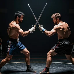 Reggie Fils-Aimé versus Mario, swordfight duel, dramatic photography, dramatic lighting, dark background