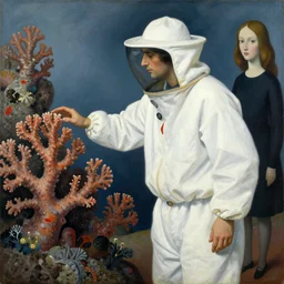 man in white beekeeper suit touching the coral reef. painting by mikalojus konstantinas ciurlionis, bosch, max ernst, agnes pelton, rene magritte